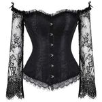 SZIVYSHI Black Corset, Corsets for Women, Long Sleeve Corsé Shirt, Gothic Tapestry Lace up Boned Overbust Sexy Lingerie Bustier Top, Size XS