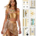 Egyptian Metallic Temporary Tattoo Set, Bachelorette Gold Tattoos for Face & Body, 120+ Glitter Tattoos Waterproof for Women Girls Teen Kids Bride for Party Beach Festivals Cosplay Date, 9 Sheet