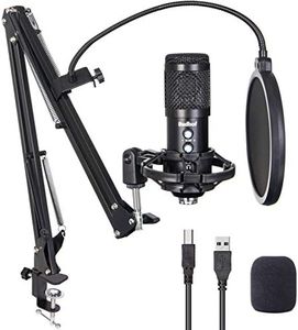 USB Microphone for Computer, Budbof Gaming Mic Kit with Boom Stand for Podcast Streaming Singing, Real Time Monitor Function