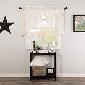 VHC Brands Burlap Antique White Farmhouse Decor Country Kitchen Curtains Drawstring Prairie Swag Set of 2
