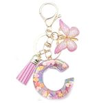 Unpafcxddyig Initials Letter Keychain Pink Tassel Butterfly Pendant for Women Girls Wallet Backpack Purses,Letter C