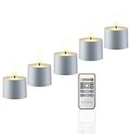 smtyle Silver Flameless Tealight Candles with CR2477 Battery Operated Set of 5 with Remote Control 500 Hours of Continuous Flickering Vintage Matte