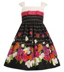 Bonnie Jean Little Girls 4-6X Black/White/Multi Floral Border Cotton A-Line Dress, Black, 6X