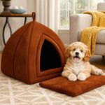 ZEXSAZONE 2-in-1 Brown Cat House & Dog Bed | Foldable Igloo Pet House for Small Dogs & Cats | Soft Plush Washable Cushion Warm Cozy Indoor Puppy Bed Collapsible Cooling Summer Pet Cave Non-Slip Bottom