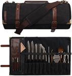 Manjushri Elegant and Light 12 Slots Professional Waxed Canvas & Genuine Leather Chef Knife Roll Bag Case with 4 Zipper Pouch Knife Organiser (Walnut Brown)