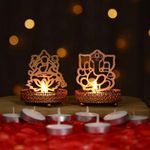 Stone & Feather, Ganesh & Laxmi Shadow Decorative Metal Tealight Candle Holder with tealight, Pack of 2, Height 10 cm, for Home Decoration, Diwali, and Gifts