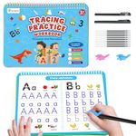 D-FantiX Large Magic Groove Practice Copybook with Pens, 4 in 1 Reusable Grooved Handwriting Workbooks, Number Alphabet Tracing Books for Kids Ages 3-5, Grooved Handwriting Practice for Kids 5-7