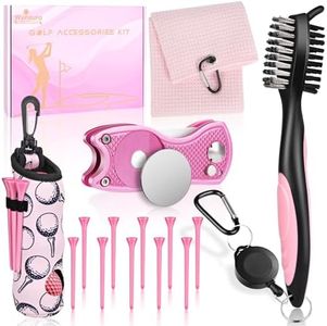 15PCS Pink Golf Accessories Kit - Include Golf Club Cleaner Brush with Groove Cleaner Tool, Golf Ball Bag with Hook, Divot Tool with Magnetic Ball Marker, Towel, Golf Tees, Golf Gift for Women