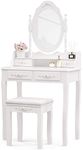 Mecor Vanity Table Set,Makeup Table with Oval Mirror & Stool, Bedroom Wood Dressing Table with 4 Drawers White