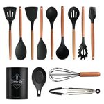 13 Pieces Silicone Kitchen Cooking Utensils Set: Wood Handle Kitchen Spatula Set - Heat Resistant Kitchen Gadgets Tools for Non-Stick Cookware (Black)