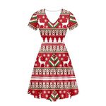 POLERO Colorful Dog Paw Dresses for Women V-Neck Dress for Casual Short Sleeves Midi Dresses, Xmas Deer Tree Stripes, Medium