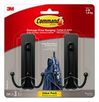 Command Large, Damage Free Hanging Wall Hooks with Adhesive Strips, No Tools Double Wall Hooks for Christmas Decorations, 2 Black Plastic Hooks and 2 Strips