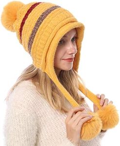 HUAMULAN Women Winter Sherpa Cover Ears Beanie Hat Earflap Peruvian Warm Fleece Lined Knit Cute Soft Ski Hats 3 Pom Poms Yellow