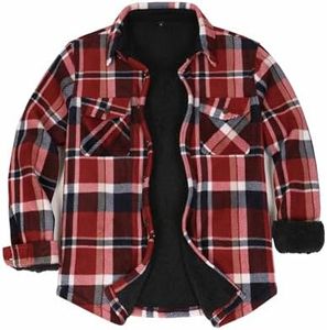 ThCreasa Mens Flannel Shacket Jacket Sherpa Lined Buffalo Plaid Warm Thick Flanelle Shirt Outdoor CPO Overshirt Redwood L