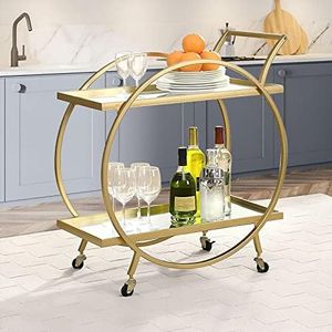 Maxkon Bar Cart Serving Wine Cart Drinks Storage Trolley Round Glass Wine Trolley with 2 Tier Mirror Shelves Gold for Kitchen Dining Room Living Room Garden Party Bar