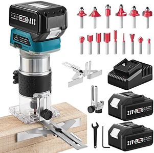 Avhrit Cordless Compact Router, Wood Router Tool With 2PCS 4.0Ah Batteries, 21V Brushless Portable Handheld Palm Routers for Woodworking, Wood Trimmer Cutting with 15 pieces 1/4" Router Bits Set