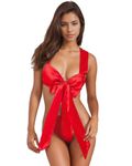 NewBull Women’s Satin Bowknot Teddy Bodysuit Halter Red Unwrap Me Lingerie Big Bow Babydoll Underwear One-Piece Naughty Nightwear Outfit Backless Sleepwear Gift for Valentine's Day