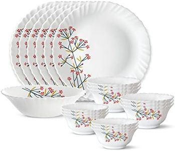 Larah by Borosil Red Bud Silk Series Opalware Dinner Set | 19 Pieces for Family of 6 | Microwave & Dishwasher Safe | Bone-Ash Free | Crockery Set for Dining & Gifting | Plates & Bowls | White