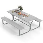 Tangkula 6 Ft Picnic Table, Outdoor Picnic Table with 2 Built-in Benches, Umbrella Hole, Metal Frame & HDPE Tabletop, 8-Person Large Picnic Table and Bench Set for Garden, Backyard, Patio (Grey)