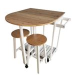 HYGRAD BUILT TO SURVIVE White Wooden Portable Drop Leaf Folding Rolling Kitchen Island Trolley Table Desk With Stools