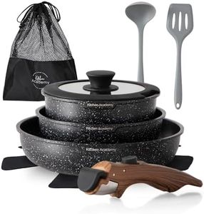 Kitchen Academy Lot de 10 Casseroles et Poêles, Poignée Amovibl, Couvercles en Verre et Revêtement en Marbre et Revêtement Anti-adhésif Compatible Induction Poignée Lisse et Veinée Noir