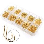 BiaoGan 500PCS Small Fishing Hooks, Assorted 10 Sizes(3#-12#) Fish Hooks Portable Plastic Box, Strong Sharp Fishhook with Barbs for Freshwater/Seawater (Gold)