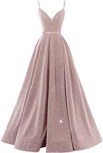 VKBRIDAL Women's V-Neck Prom Dresses Long Sparkly Ball Gown Side Split Glittery Spaghetti Formal Evening Gowns with Pockets, Blush, 6