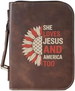 She Loves Jesus Bible Cover – Vegan Leather Scripture Case with Cross & Flag – Zippered Journal Holder with Handle, Fits Large Bibles, Rustic