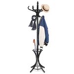 Multigot Coat Rack, Wooden Hat Clothes Hall Tree Hanger with Umbrella Holder and 12 Hooks, Freestanding Scarf Display Organizer Stand for Home Dormitory Office (Black)