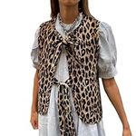 FeMereina Women's Leopard Print Waistcoat Sleeveless V-Neck Bowknot Front Vest Y2k Casual Cheetah Print Jacket Cardigan (Dark Brown, M)