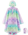 Lightweight Girls Rain Poncho Waterproof Toddler Raincoat Reusable Kids Rainwear Portable Space Rain Slicker Outwear with Pouch Youth Mermaid Rain Jacket with Hood for School Travel Camping