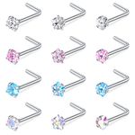 WillTen 20G Nose Studs L Shape Women Nose Studs Colorful Diamond CZ Silver Stainless Steel Heart Start Piercing Jewelry 12PCS