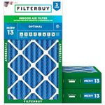 Filterbuy 16x25x4 Air Filter MERV 13 Optimal Defense (3-Pack), Pleated HVAC AC Furnace Air Filters Replacement (Actual Size: 15.38 x 24.38 x 3.63 Inches)