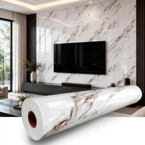 Qorqeous Brown Carrara Marble Peel and Stick Wallpaper, Glossy Texture Vinyl Wall Panels, Waterproof Renter Friendly, 47.2" x 394", TV Accent Wall, Bathroom, Foyer, Coffee Shop Decor