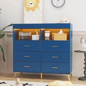 Jojoka Nursery Changing Table Dresser with LED Lighting and Charging Function, 6 Drawer Storage Dresser with 2 Open Compartments, Convertible Baby Diaper Station for Nursery and Bedroom Use
