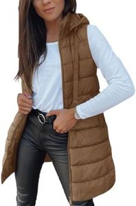 Veatzaer Women Long Vest Solid Color Sleeveless Hood Winter Puffer Vest Outwear