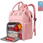 Womens Lunch Backpack, 15.6 Inch Laptop Backpack with Insulated Cooler, Lunch Box Work Bag Teacher Nurse Backpacks for Women/Girls/Travel/Gift, USB Charging Port School College Student Bookbag, Pink