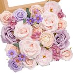 Serwalin Artificial Flowers Fake Silk Flowers Combo Realistic Mixed Roses Box for DIY Wedding Bridal Bouquets Centerpieces Arrangements Faux Flowers with Stems Home Party Decoration, Pink&Lilac