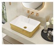 MEJE 48 x 37.5 x 13.5 cm Bathroom Vessel Sink,Luxury Gold Stripes Rectangle Above Counter Countertop Vanity Sink,Porcelain Ceramic Art Basin,Wash Basin for Lavatory Vanity Cabinet