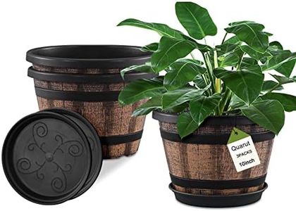 Quarut 3 Pack 10 inch Plant Pots,Whiskey Barrel Planters with Drainage Holes & Saucer, Plastic Decoration Flower Pots Imitation Wine Barrel Design, for Indoor & Outdoor Garden Home (Brown)