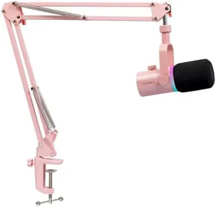 FEELWORLD PM1 XLR USB Dynamic Microphone with Boom Arm Stand for Podcast Recording PC Computer Gaming Live Streaming Vocal Voice-Over, Studio Metal Mic, RGB Light, Mute Button, Headphones Jack (Pink)