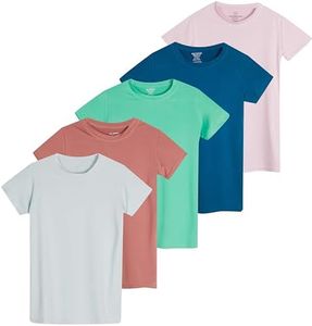 Real Essentials 4 Pack: Girls Short Sleeve Shirts Tees Active Quick Dry Fit Crew Neck T-Shirt Active Athletic Tops Soccer Sports Yoga Young Teen Chica's Kids Zebra Summer Clothes - Set 9, XL (16)
