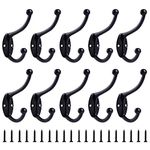 Dual Coat Hooks, Wall Mounted Double Prong Robe Hook, 10 Pack Utility Rustic Hooks with Screws for Coat, Scarf, Bag, Towel, Key, Cap, Cup, Hat (Black)