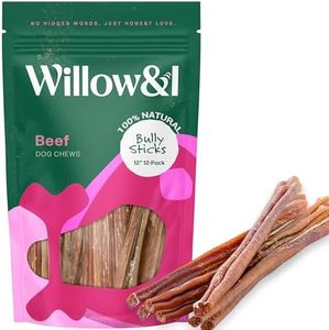 Willow&I Bully Sticks for Dogs -12 Inch Natural Bully Sticks for Medium Dogs, Large & Small Dogs- Premium 100% Grass Fed, Single Ingredient, Long Lasting, High Protein, Odor Free (12", 12 Pack)