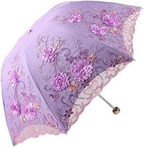Honeystore Vintage Lace UV Sun Parasol Folding 3D Flower Embroidery Umbrella 3 Folding Purple