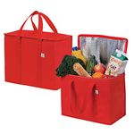 VENO 2 Pack Insulated Reusable Grocery Shopping Bag, Food Delivery, Cooler Bag, Heavy Duty, Large Size, Durable Handles, Dual Tab Zips, Lid, Stands Upright, Collapsible, Sustainable (Red, 2 Pack)