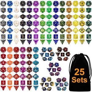 DND Dice Set 25 x 7 (175 Pieces) Double-Colors Polyhedron Dice for Dungeons and Dragons DND RPG MTG Table Games D4 D6 D8 D10 D% D12 D20 25 Colors Dice with 1 Large Flannel Bag