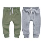 Owlivia 100% Organic Cotton Baby Boy Girl 2-Pack Wiggle Pant Jogging Pant(Dark Grey Melange & Olive Green, 12-18 Months)