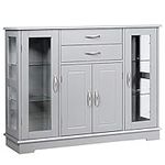 COSTWAY Buffet Sideboard, Wooden Storage Cabinet with Adjustable Shelves and 2 Glass Doors, Server Pantry Cupboard for Kitchen Living Dining Room (Grey)