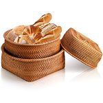 ZOOFOX 3 Pack Rattan Storage Basket Bowls, Handmade Woven Wicker Fruits Bread Basket, Countertop Baskets for Organizing, Kitchen, Pantry and Bathroom